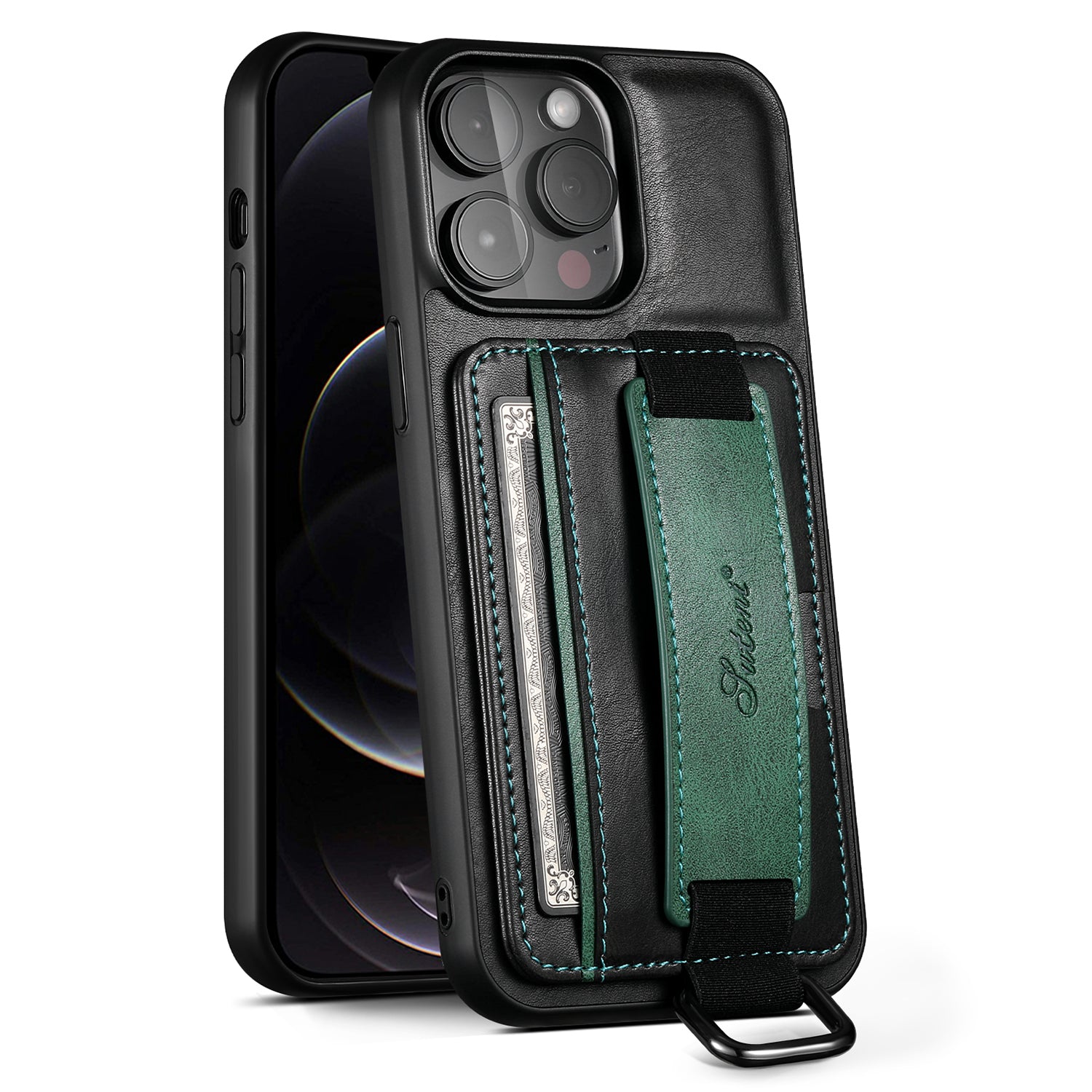SUTENI H13 Phone Kickstand Case for iPhone 12 Pro Max Card Holder Leather Coated PC TPU Hand Strap Phone Cover SUTENI H13 Phone Kickstand Case for iPhone 12 Pro Max Card Holder Leather Coated PC TPU Hand Strap Phone Cover